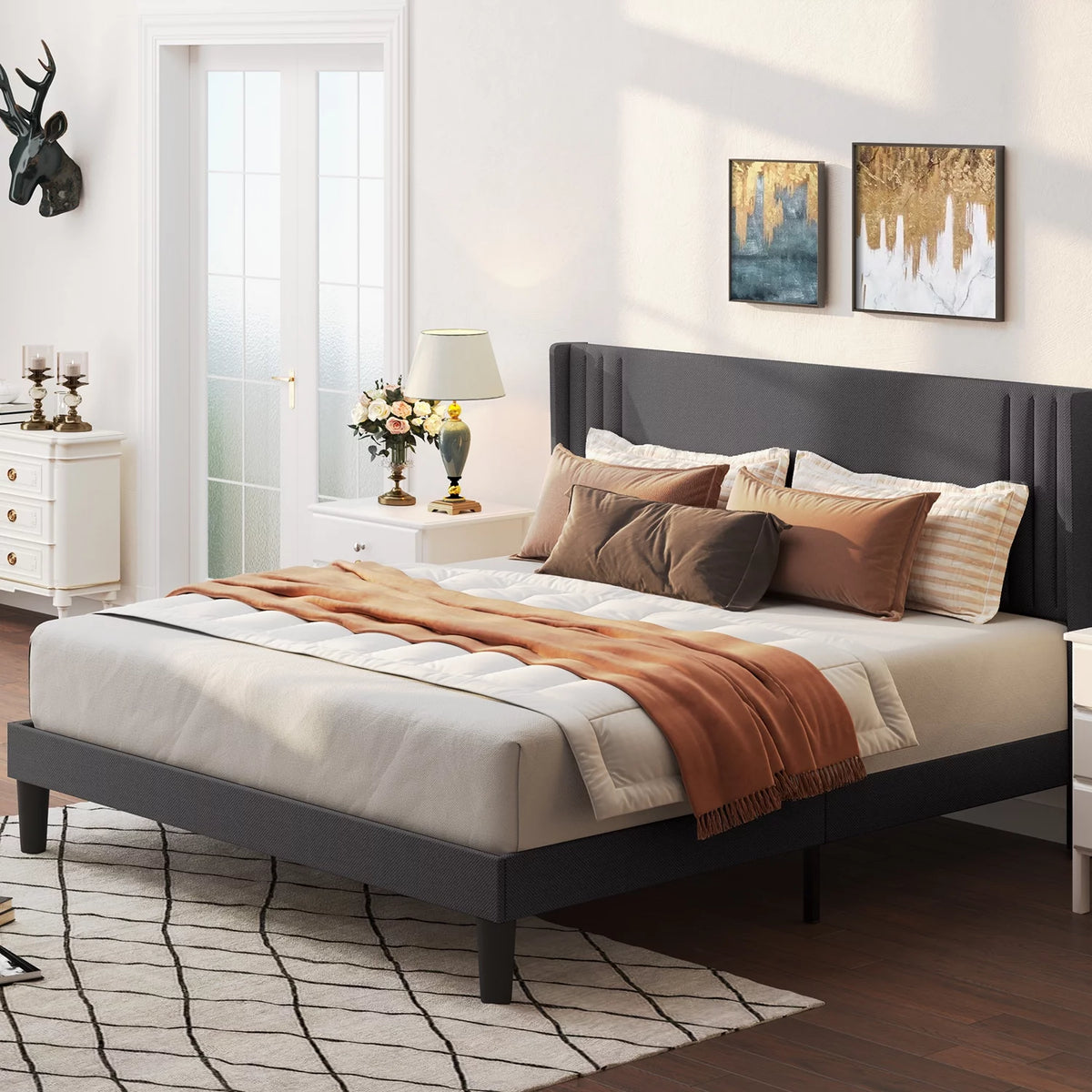 Queen Bed Frame with Wingback Headboard B7340