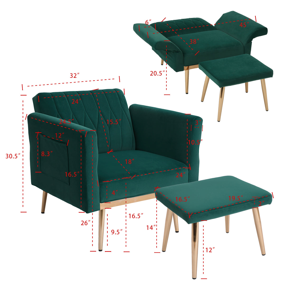 Velvet Accent Chair with Ottoman Set, Gold Legs, Upholstered Single Sofa J62366