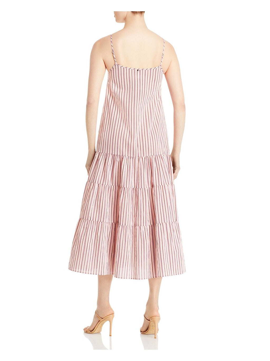 Beige Adjustable Pullover Tiered Skirt Striped Spaghetti Strap V Neck Midi Shift Dress V719