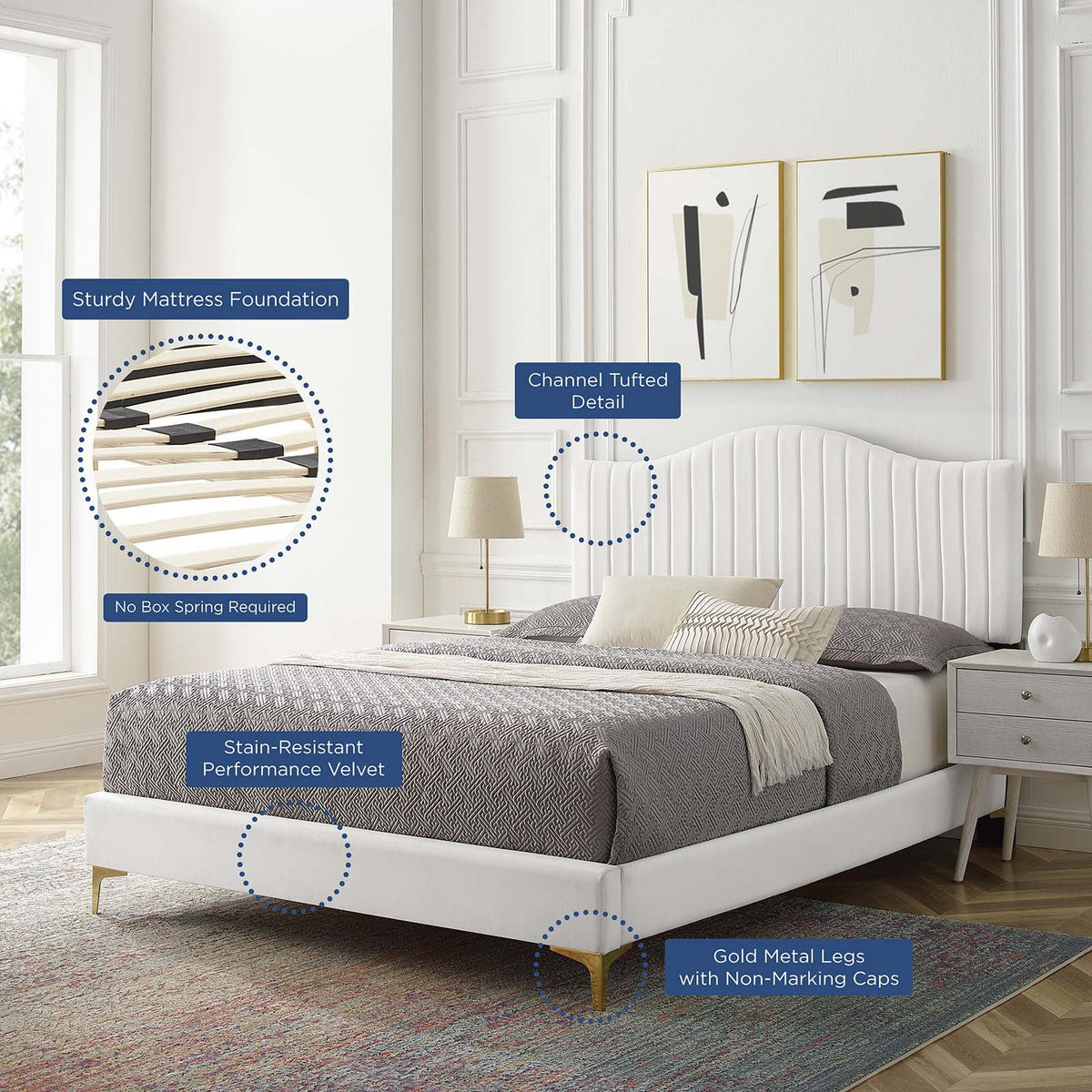 White Velvet Queen Size Tufted Platform Bed Frame S4784