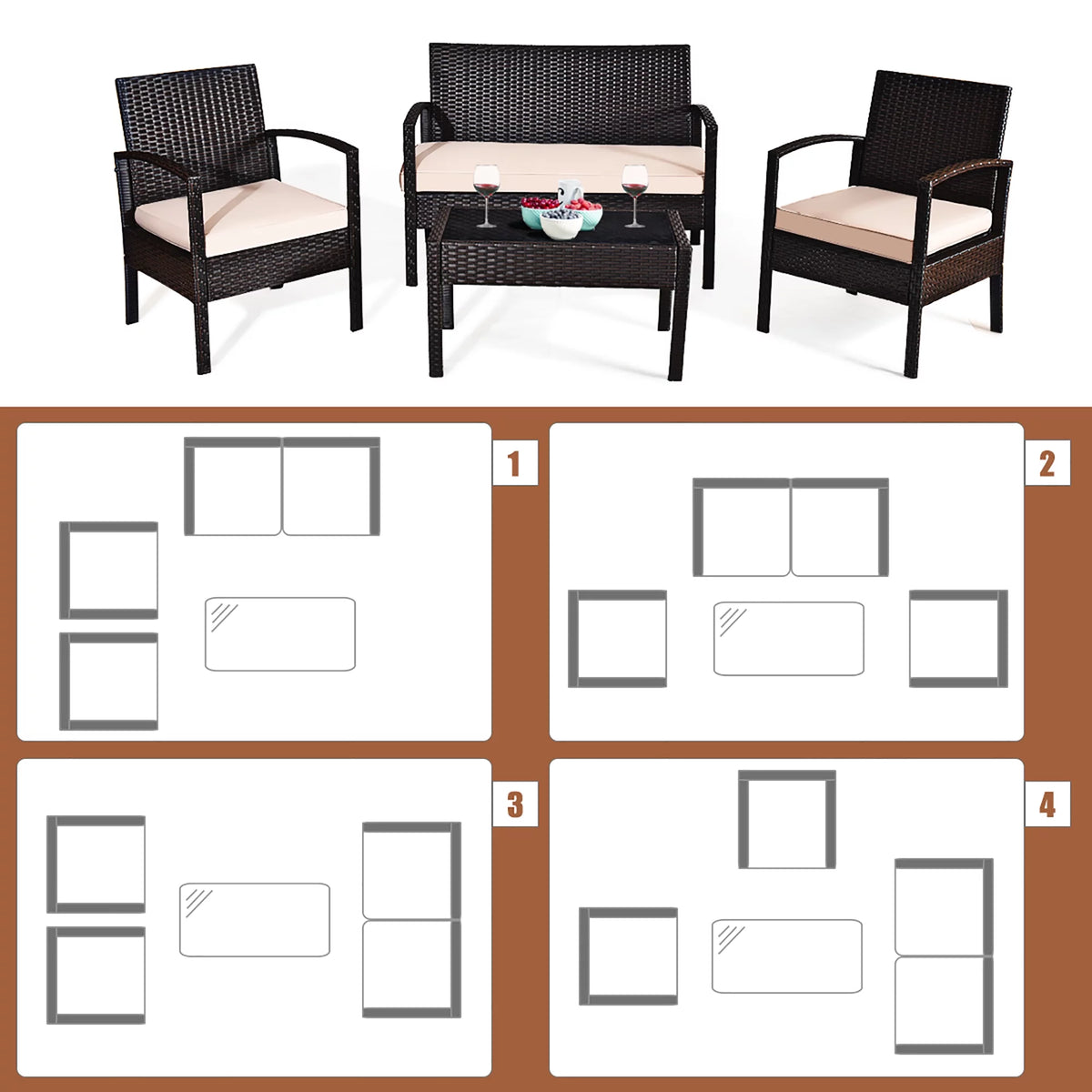 4 Pc Cushioned Patio Rattan Conversation Furniture Set Q8034
