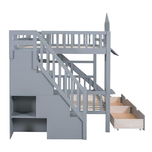 Full Over Full Solid Wood Bunk Bed with Slide and Storage Staircase K25787