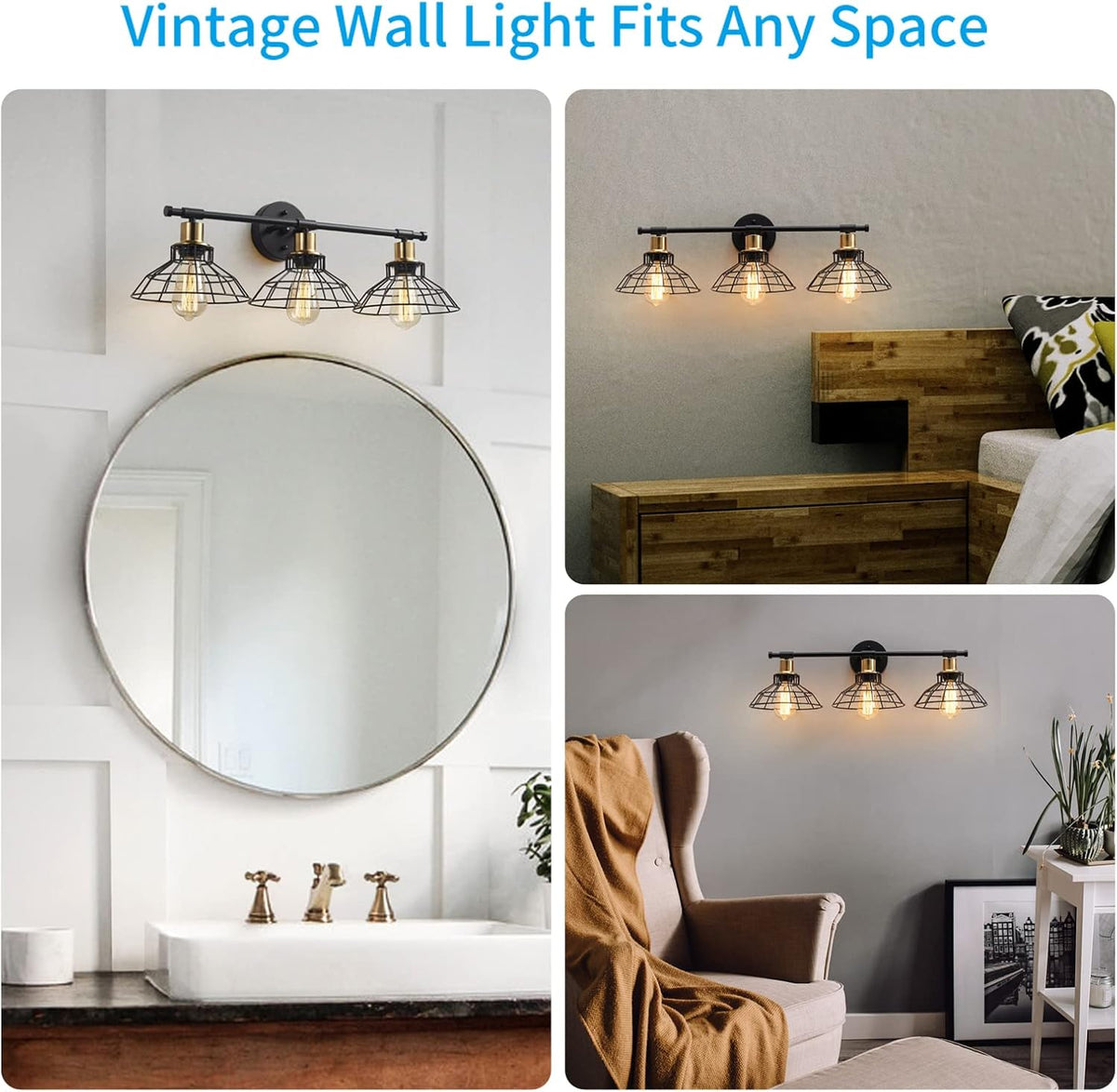 3-Light Black Metal Wall Mounted Bath Vanity Light Y247100
