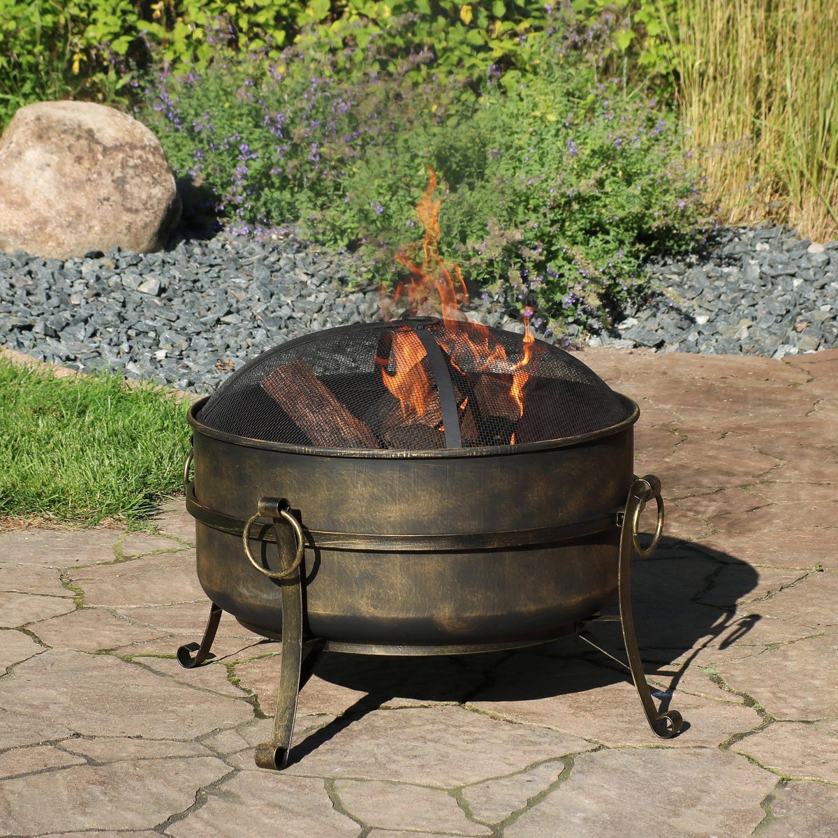 24 inch Steel Cauldron Fire Pit with Spark Screen A5354