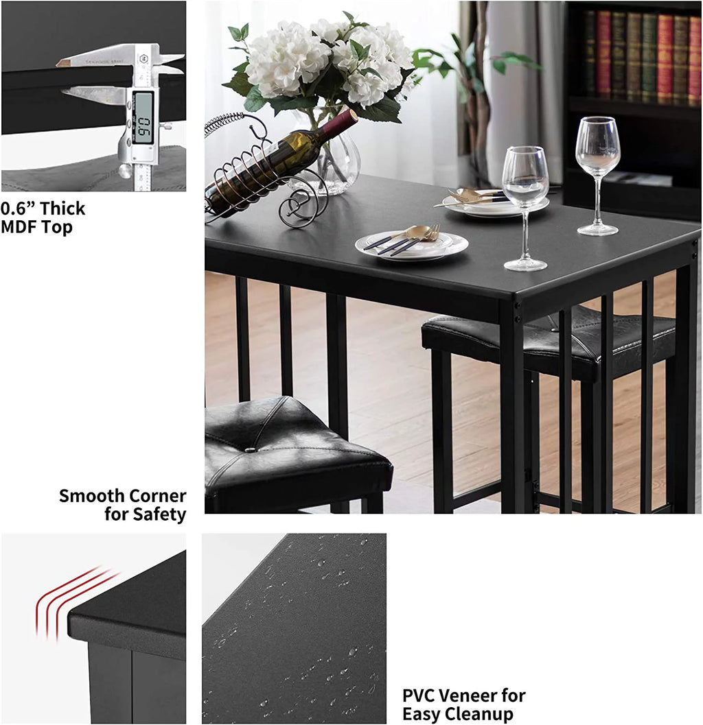 Black 3 Piece Dining Table Set with 2 Faux Leather Backless Stools D2785