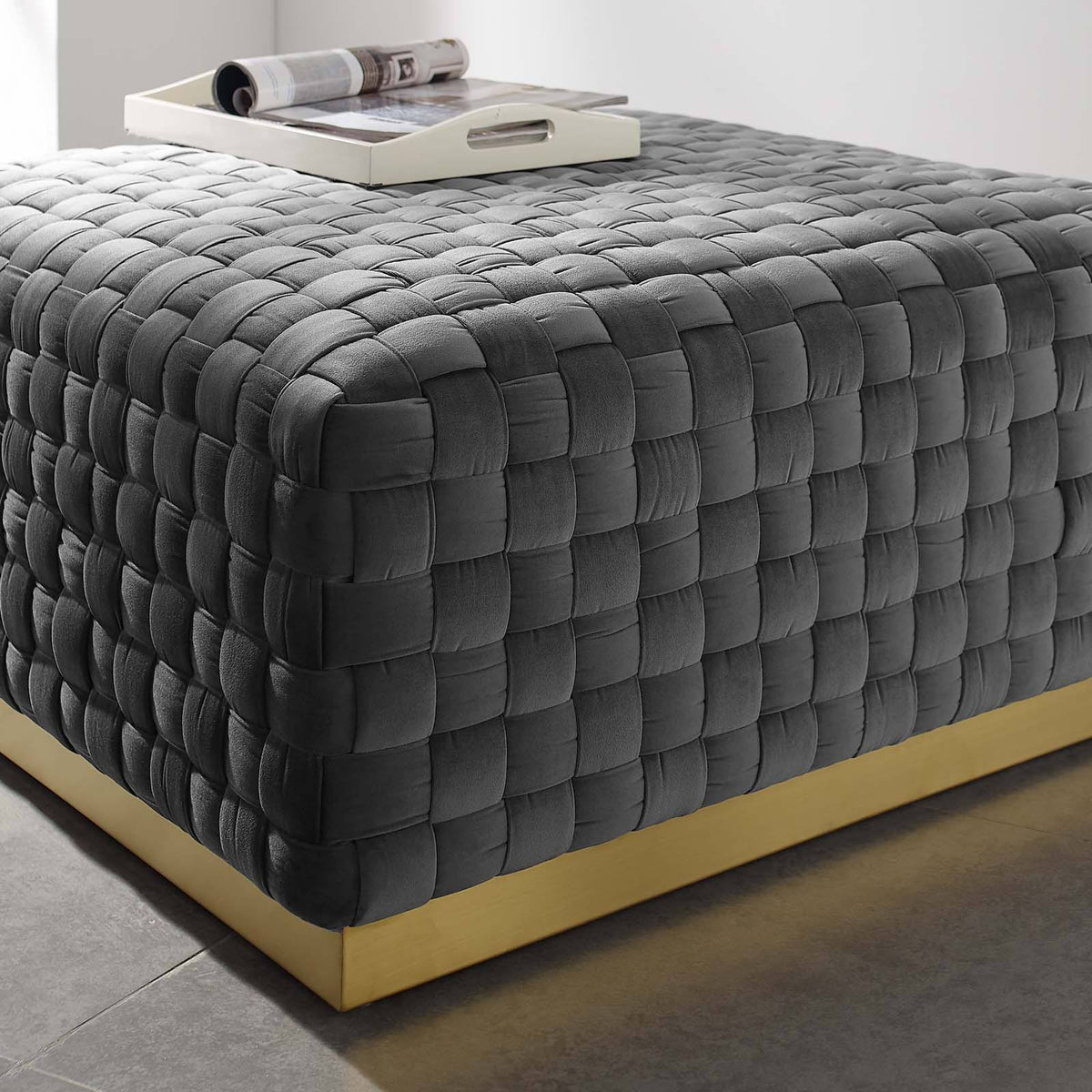 Gray Square Velvet Ottoman U184
