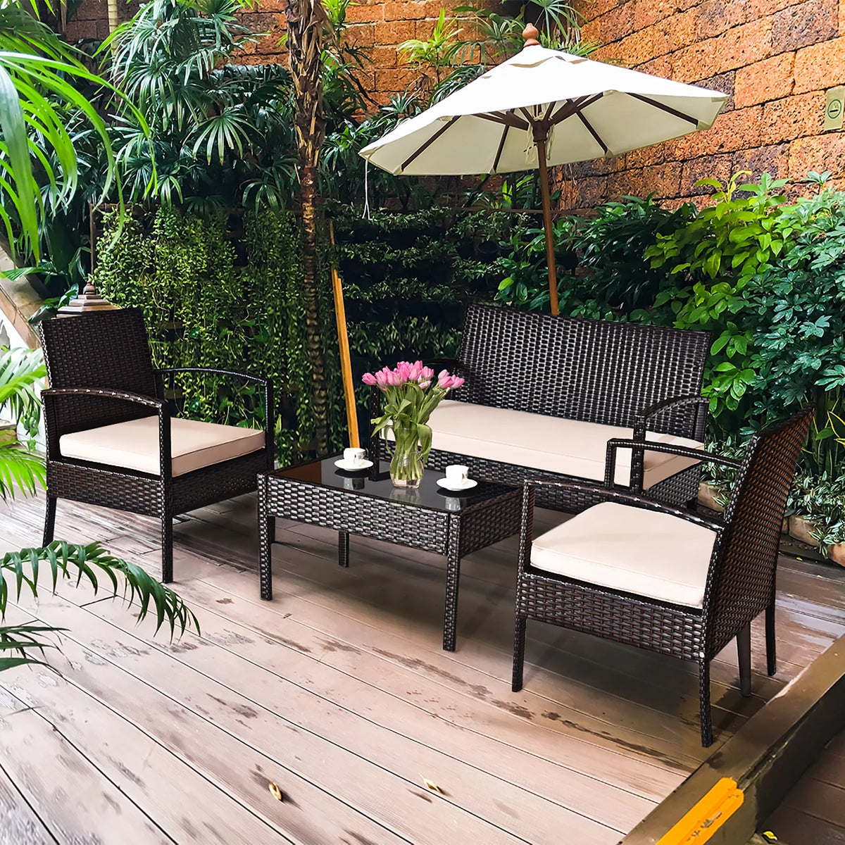 4 Pc Cushioned Patio Rattan Conversation Furniture Set Q8034