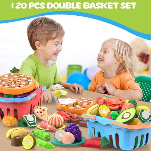 120 Pcs Cutting Play Food Toy with 2 Colors Storage Baskets T782