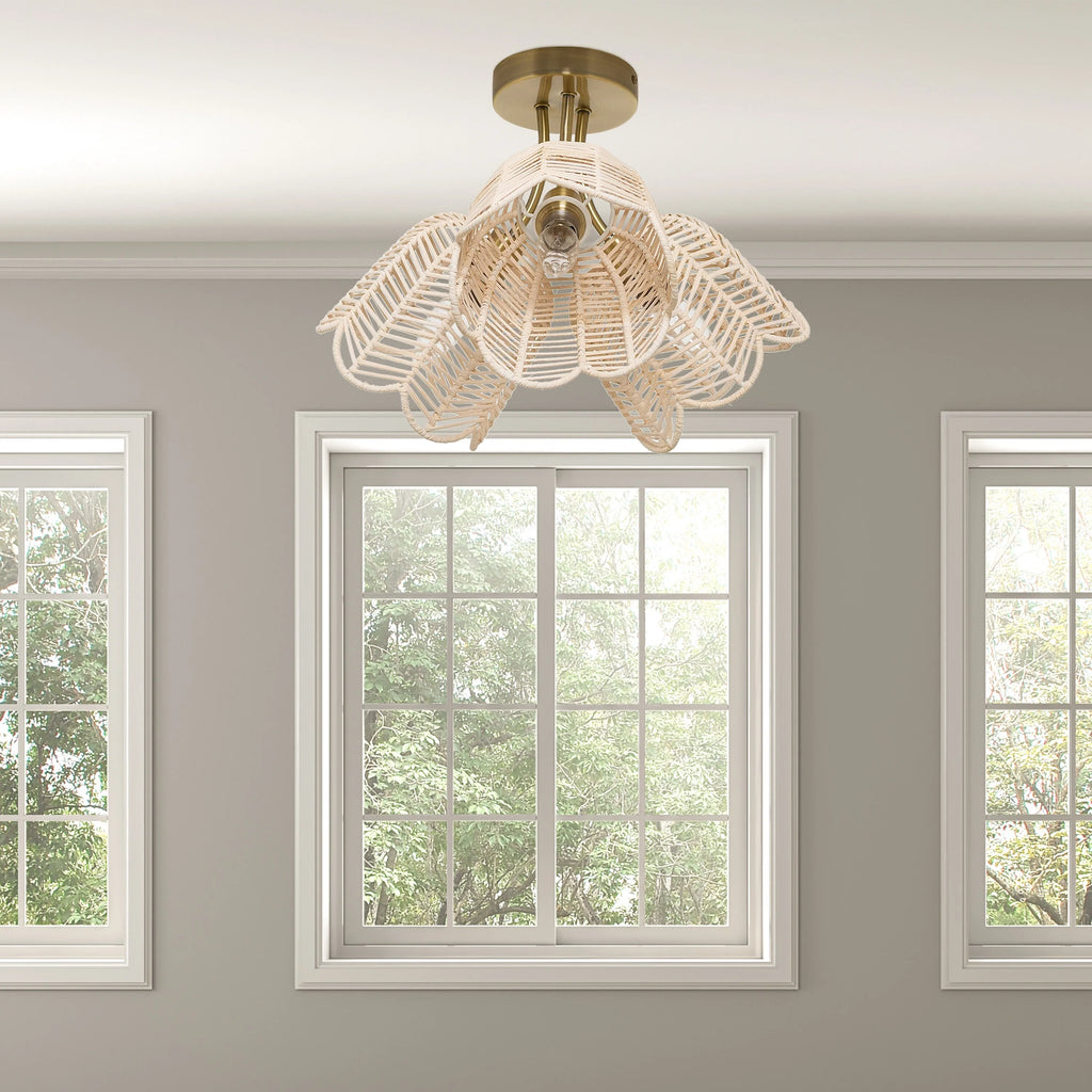 Gold and White Rattan and Metal Ceiling Light C605210