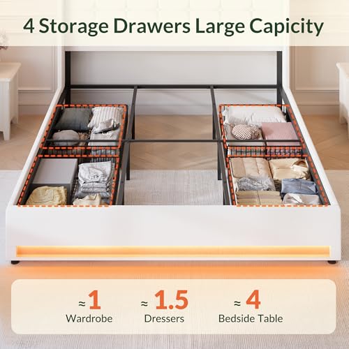 Queen Size White Velvet Upholstered Platform Bed Frame with 4 Storage Drawers G70245