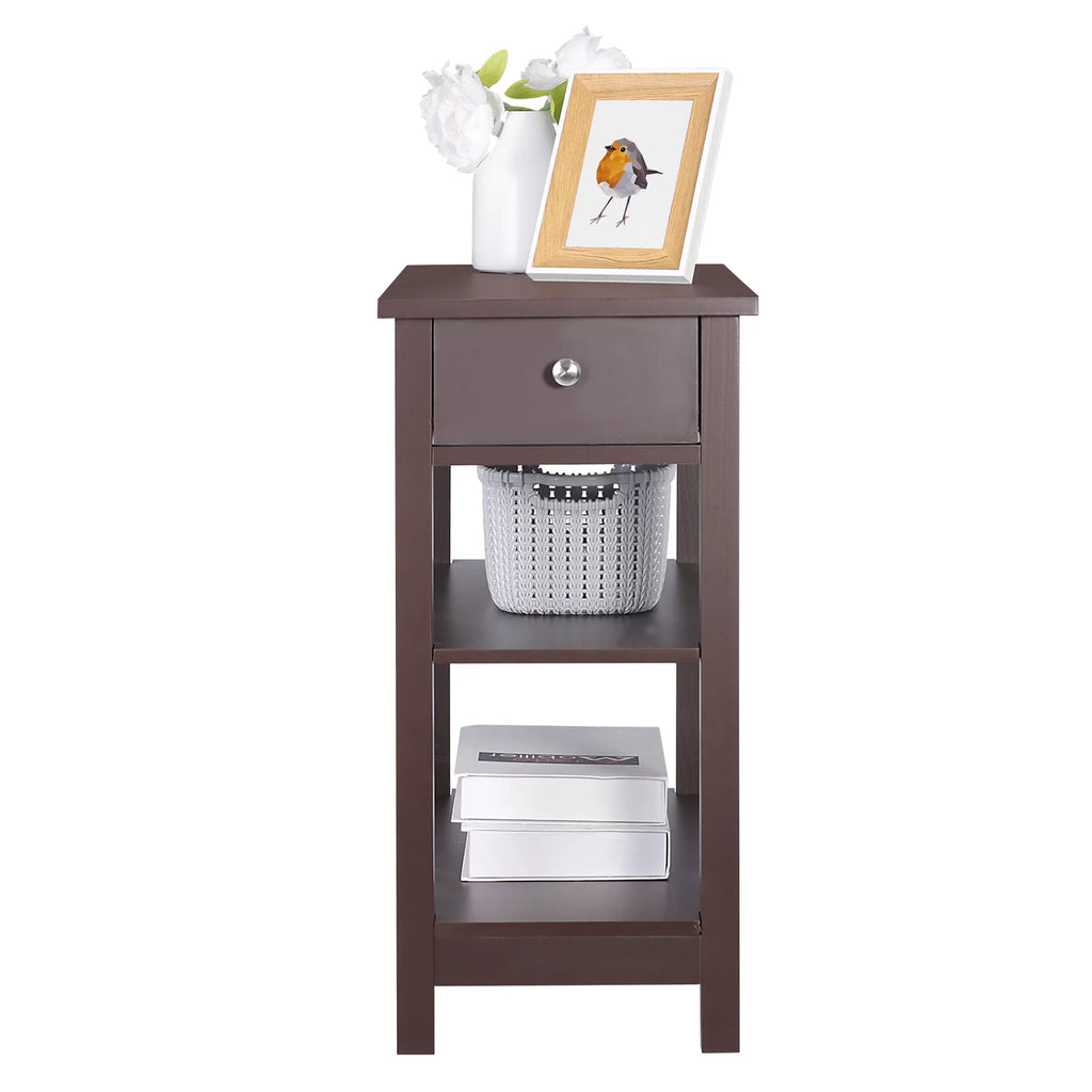 2 Pack 3-Tier Narrow MDF End Table with Drawer & Storage Shelf X4550