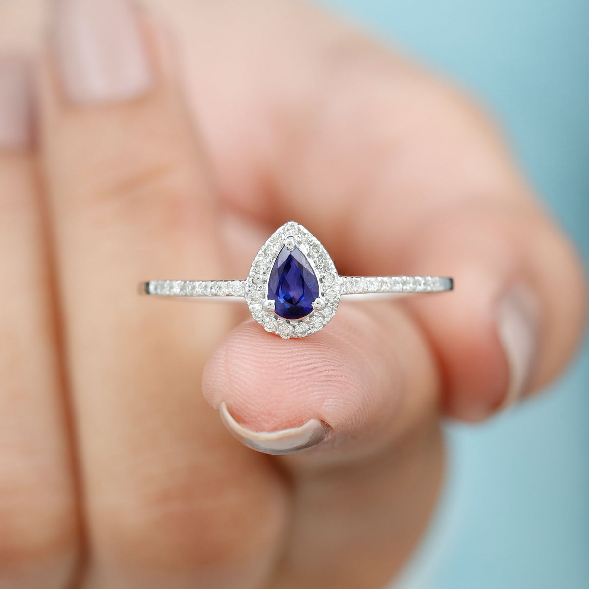 Pear Cut Blue Sapphire Teardrop Ring with Diamond Halo, 925 Sterling Silver, US 8.00 B124826