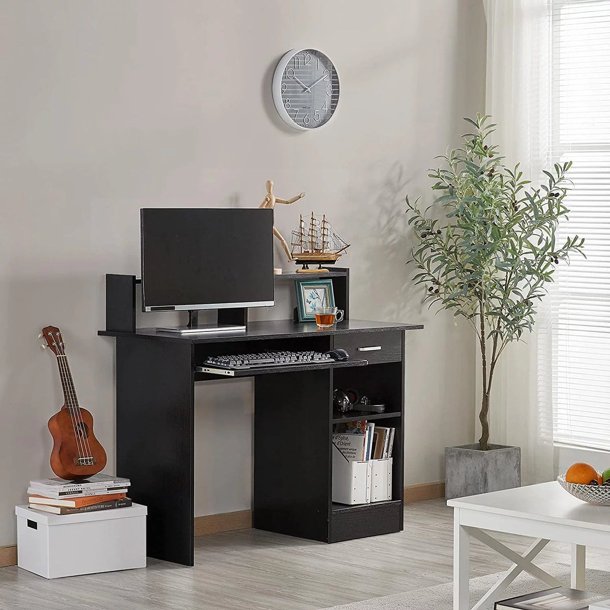 Wood Computer Desk with Drawers and Keyboard Tray W956