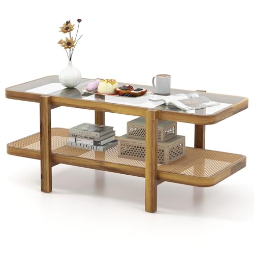 47.5" Rectangle Solid Wood Coffee Table with Tempered Glass Tabletop D438792