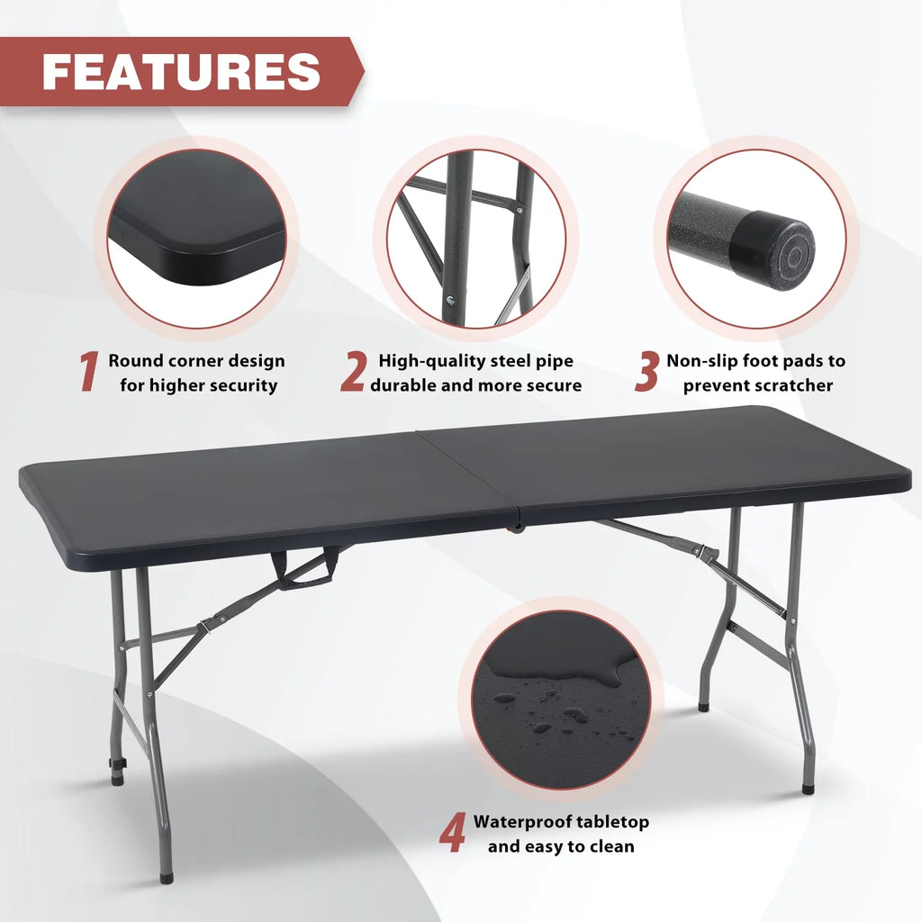 Black 6ft Plastic Folding Table with Carrying Handle U440410