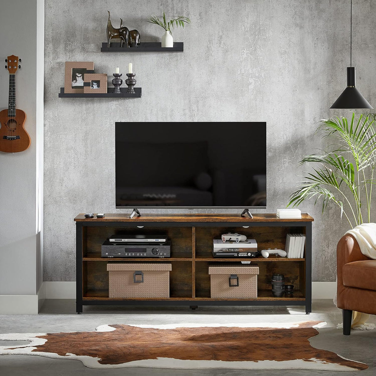 Rustic Brown and Black TV Stand with 4 Cubby and Adjustable Shelves S45467