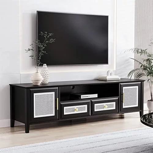 Black Boho TV Stand with 2 Cabinets 2 Drawers and Open Shelf V426