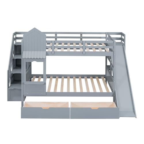 Full Over Full Solid Wood Bunk Bed with Slide and Storage Staircase K25787