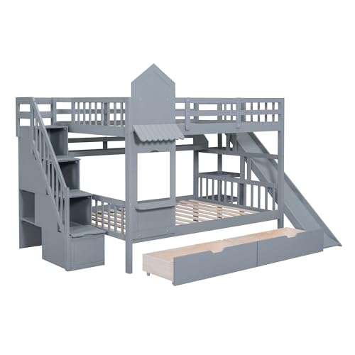 Full Over Full Solid Wood Bunk Bed with Slide and Storage Staircase K25787