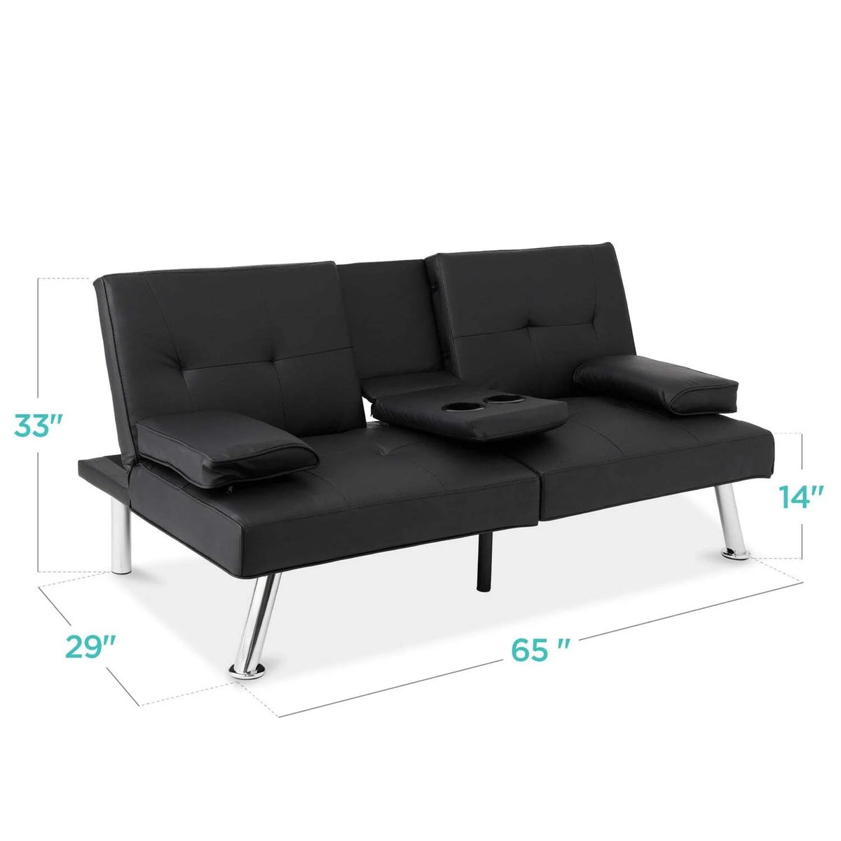 Black Faux Leather Convertible Sofa Futon with 2 Cup Holders R253147