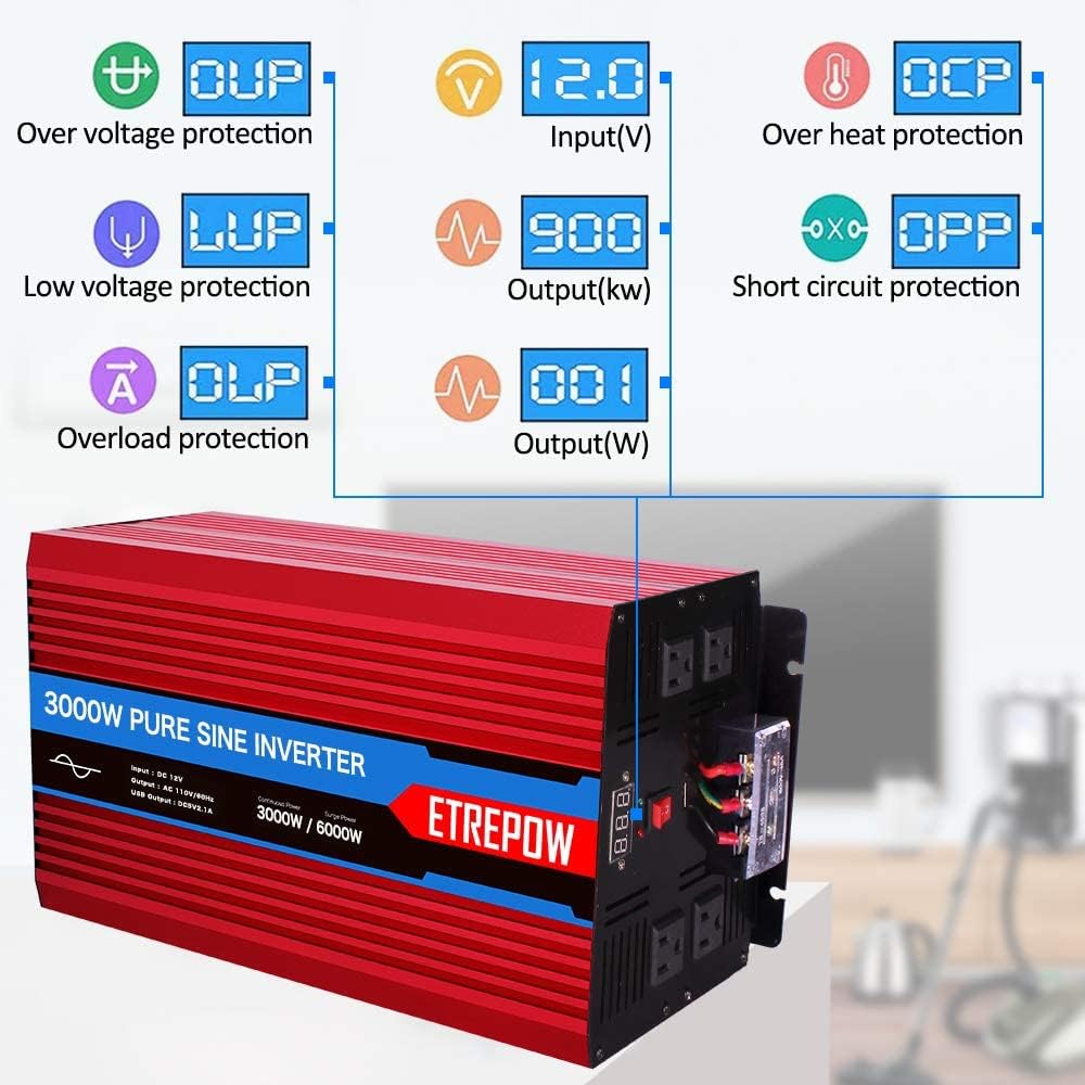 3000 Watt Pure Sine Wave Power Inverter 12V DC to 110V AC R58873