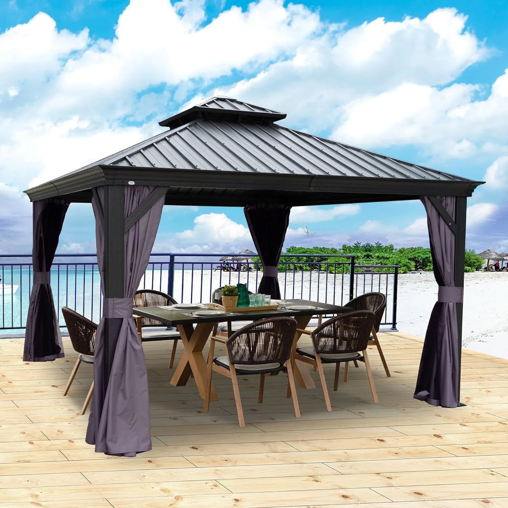 Hardtop Aluminum Gazebo with Mosquito Net and Privacy Sidewalls P6304