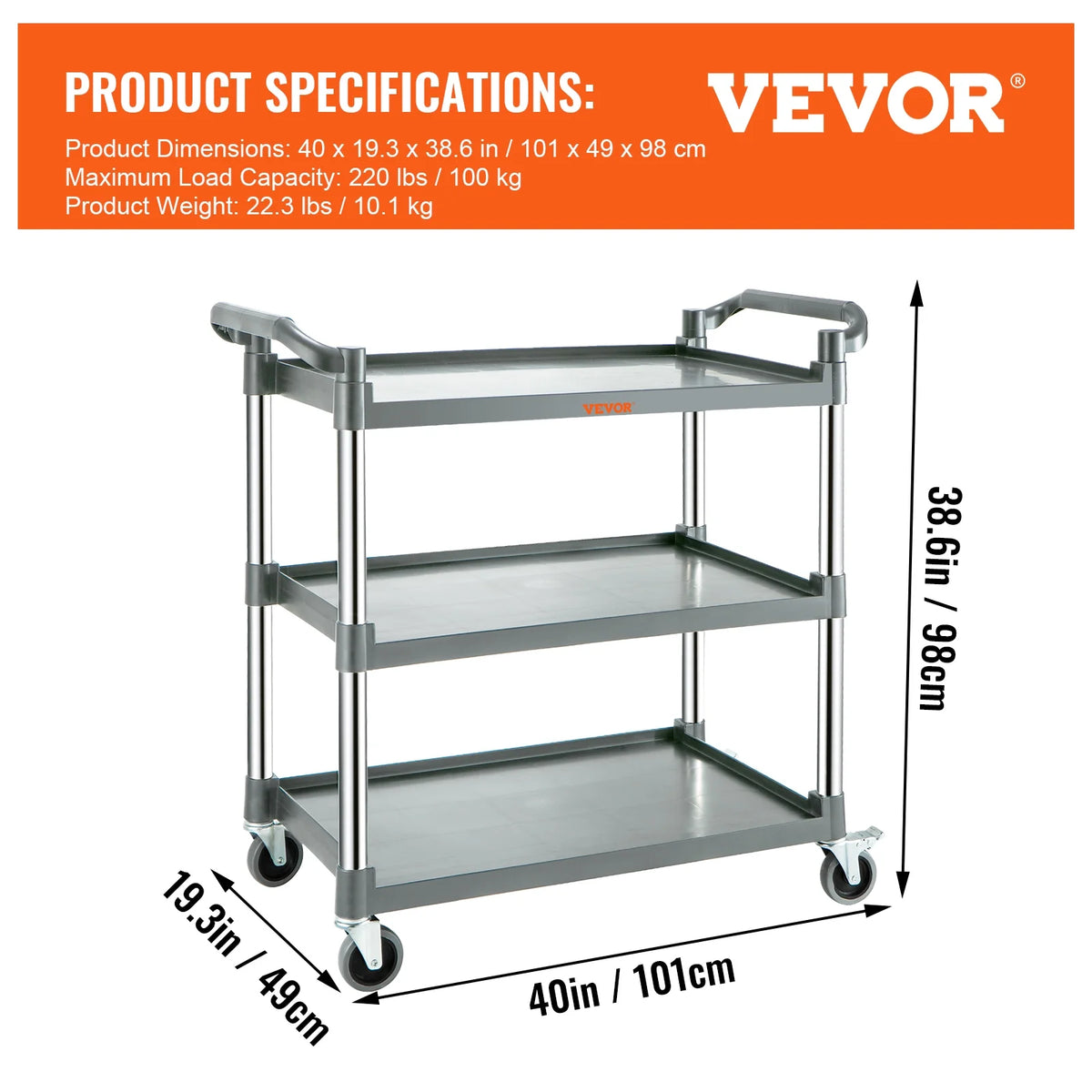 3-Tier Utility Service Cart with Wheels 220lbs Capacity X575696