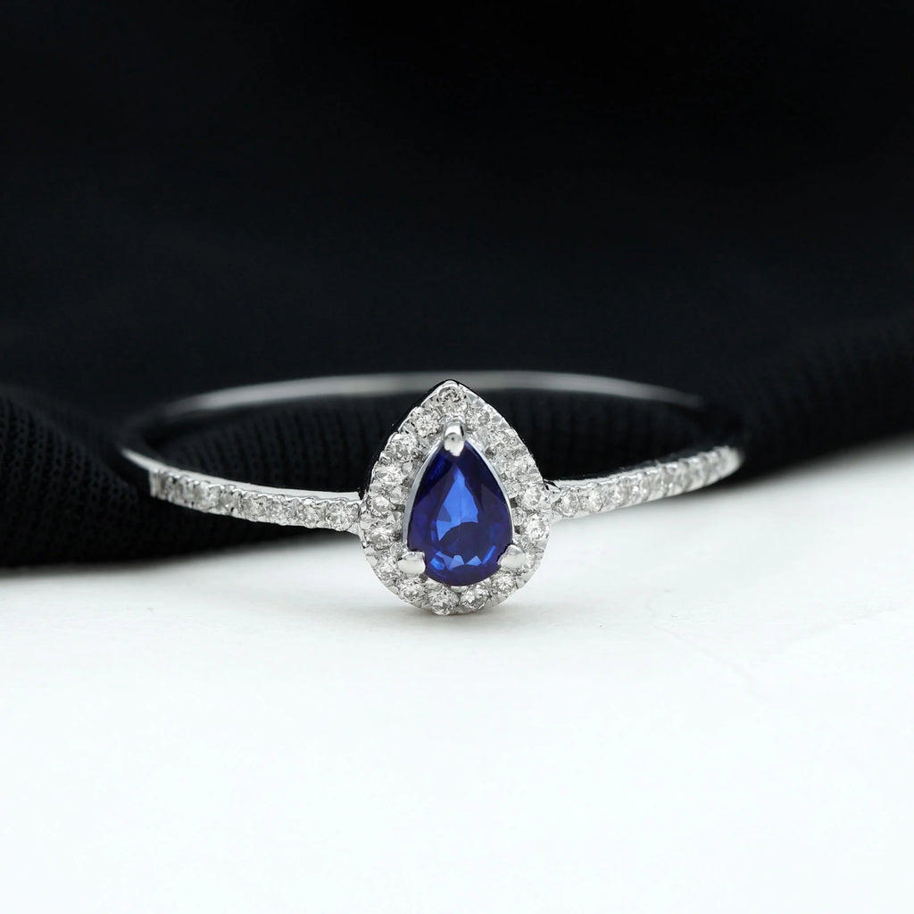 Pear Cut Blue Sapphire Teardrop Ring with Diamond Halo, 925 Sterling Silver, US 8.00 B124826