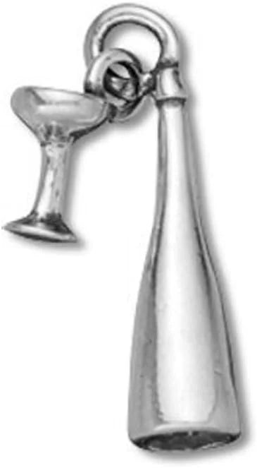 Sterling Silver 3D Moveable Champagne Bottle With Glass Charm R173