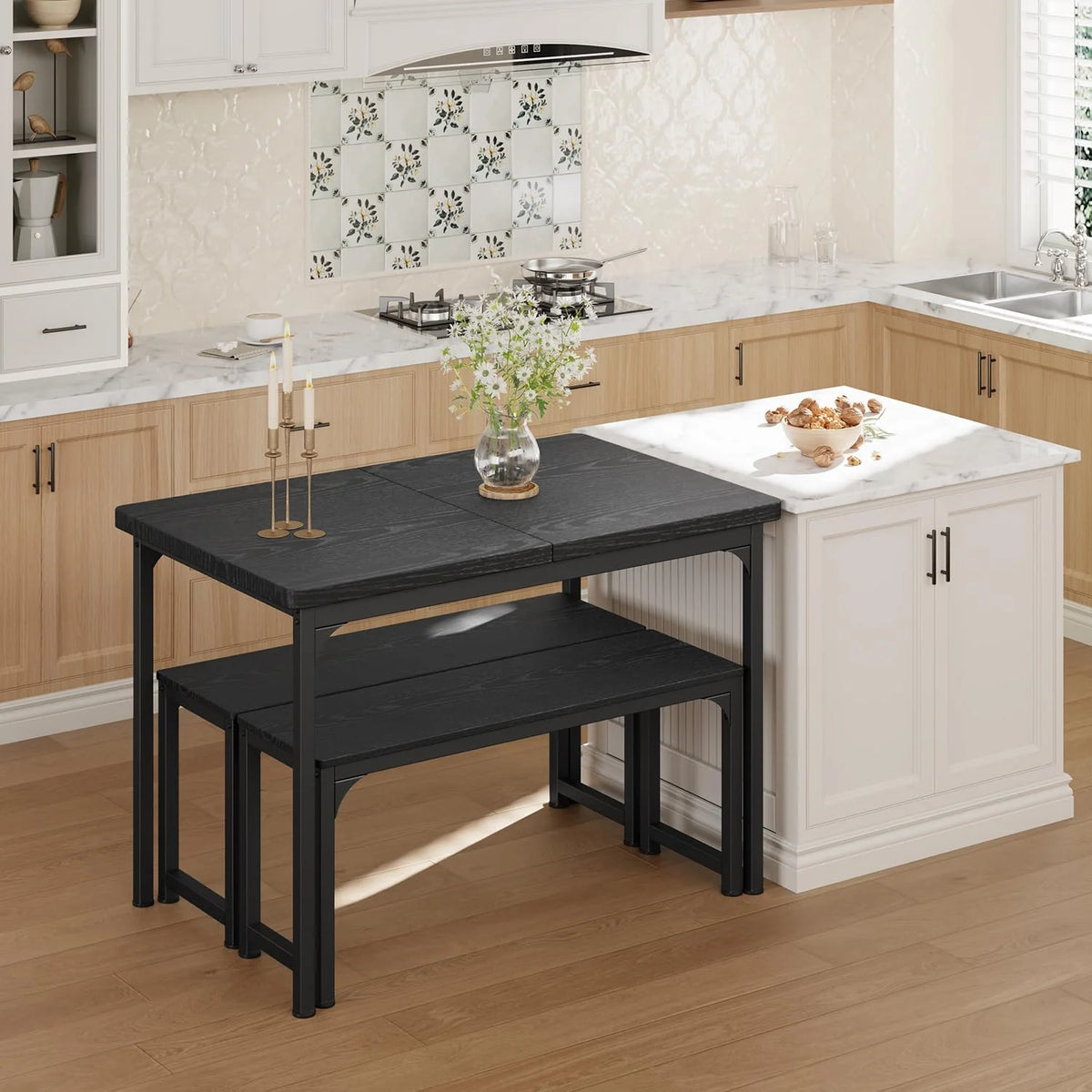 Black Extendable Dining Table Set with 2 Benches U893