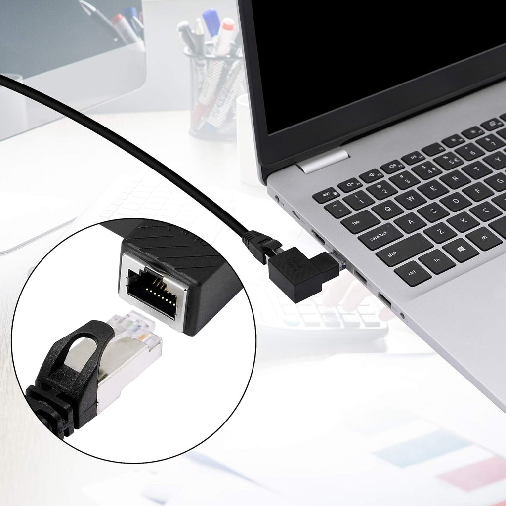 Left Angle Ethernet Adapter, 90 Degree RJ45 Male to Female Extension Cat6 LAN Network Connector (2-Pack) Black V61478
