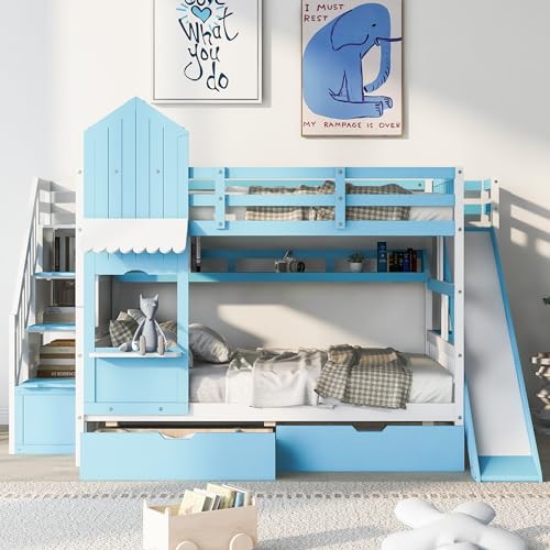 Full Over Full Solid Wood Bunk Bed with Slide and Storage Staircase K25787