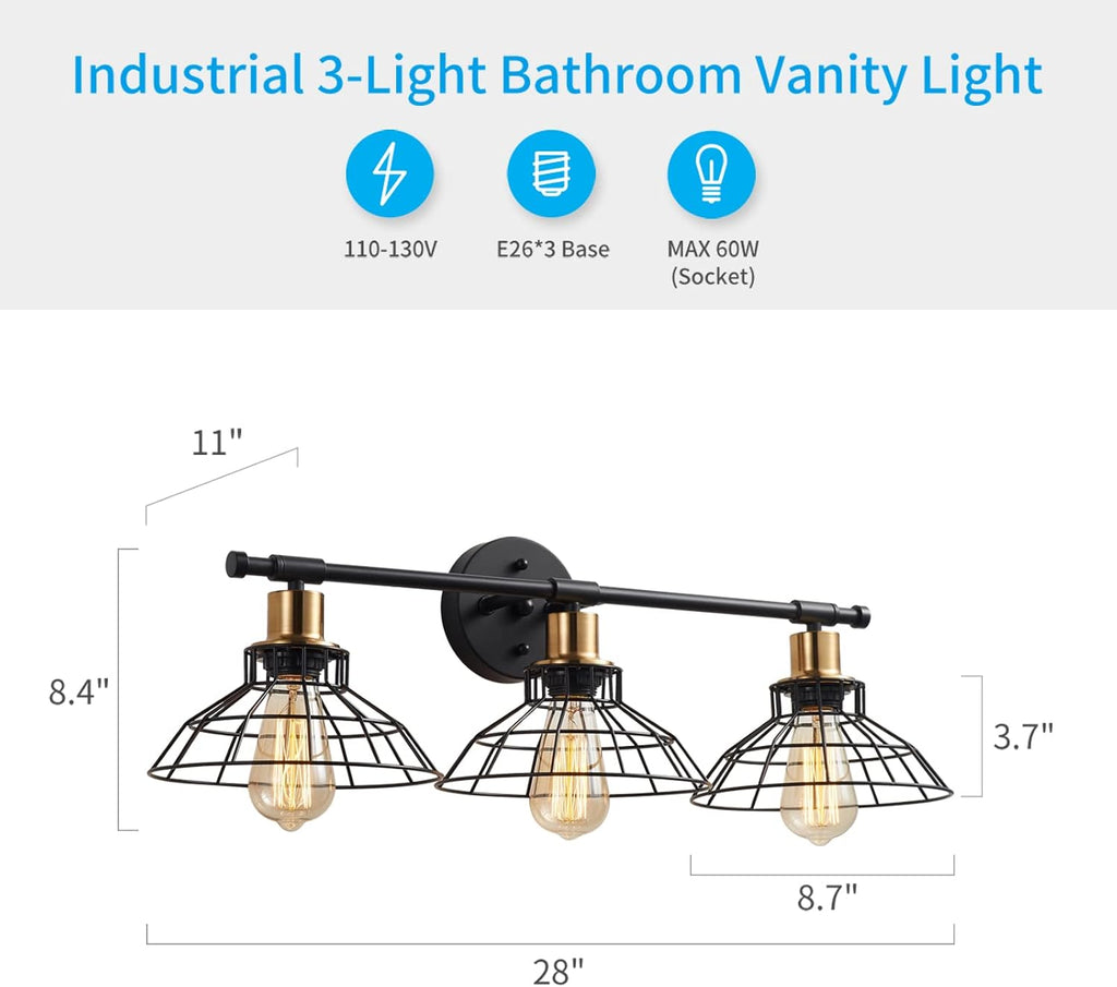 3-Light Black Metal Wall Mounted Bath Vanity Light Y247100