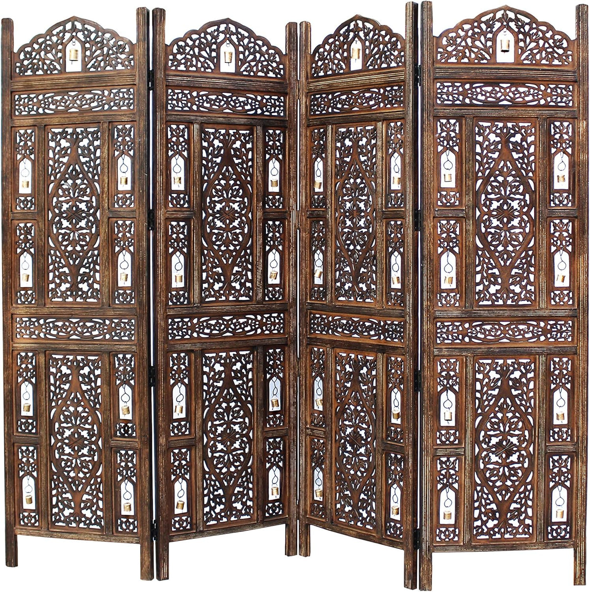 Antique Brown 4 Panel Handcrafted Wood Room Divider Screen C395785