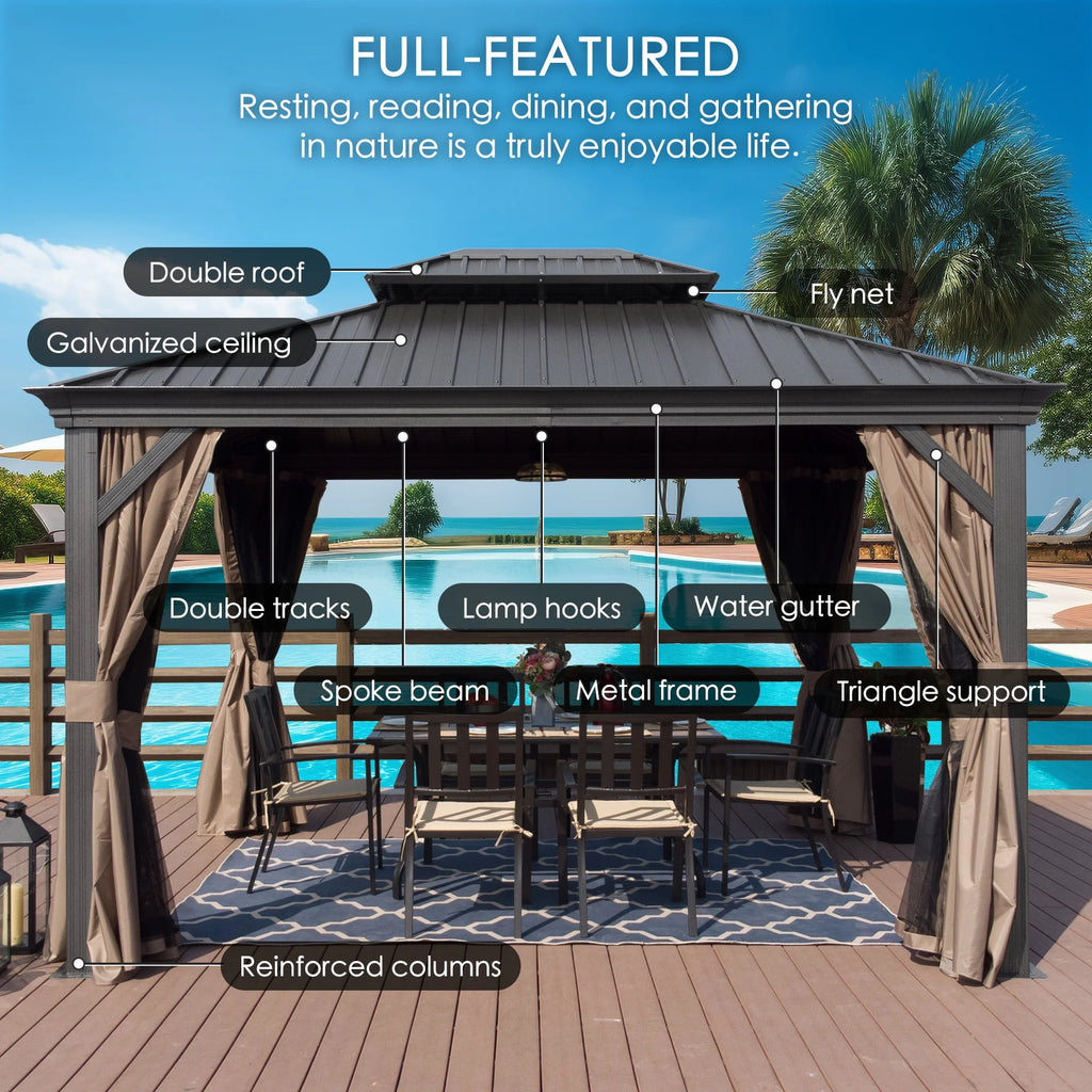 Hardtop Aluminum Gazebo with Mosquito Net and Privacy Sidewalls P6304