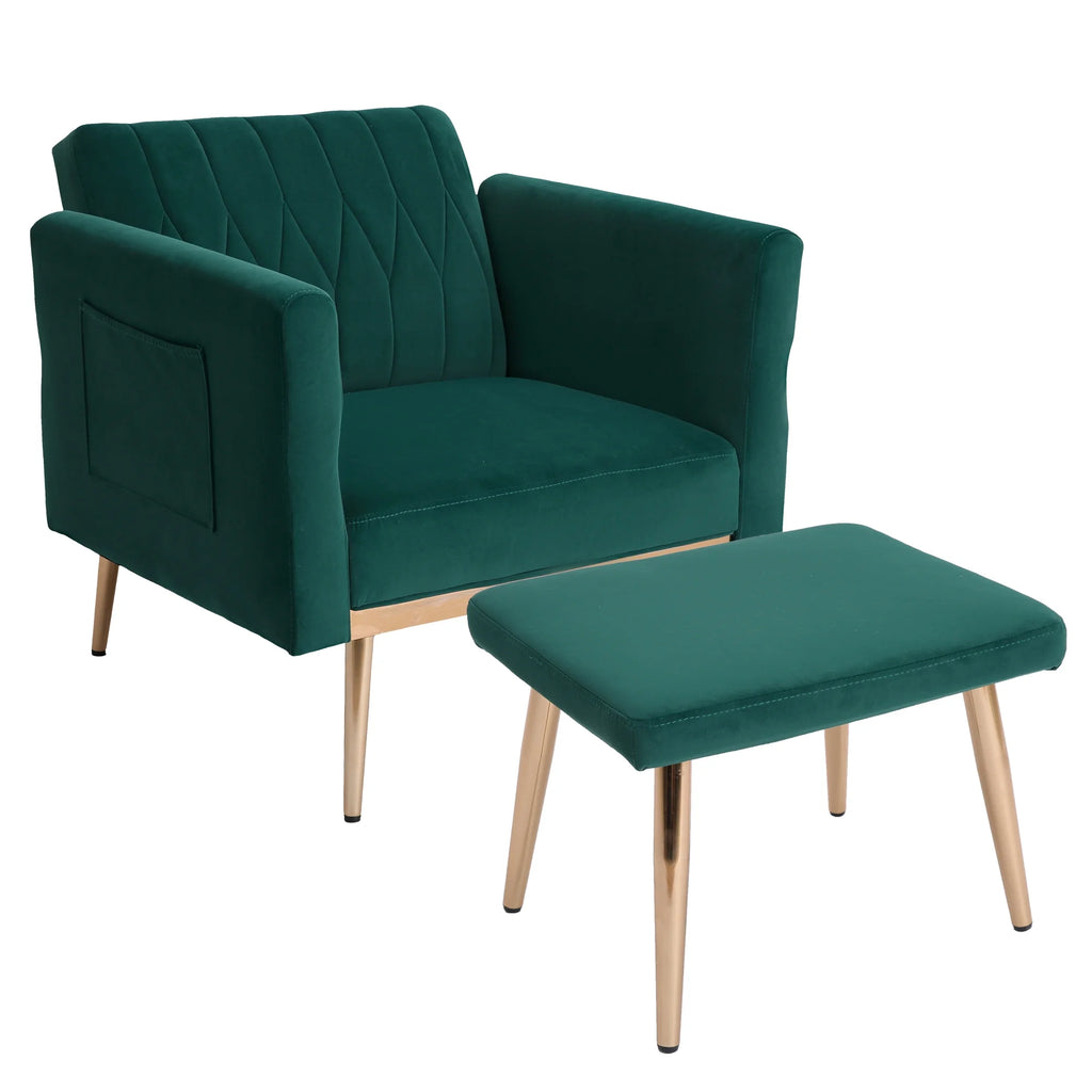 Velvet Accent Chair with Ottoman Set, Gold Legs, Upholstered Single Sofa J62366