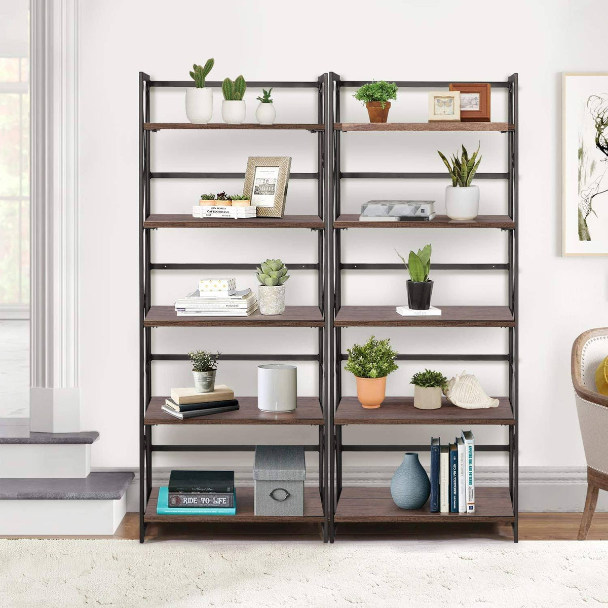 5 Tier Bookshelf Set of 2 with Metal Fram M635