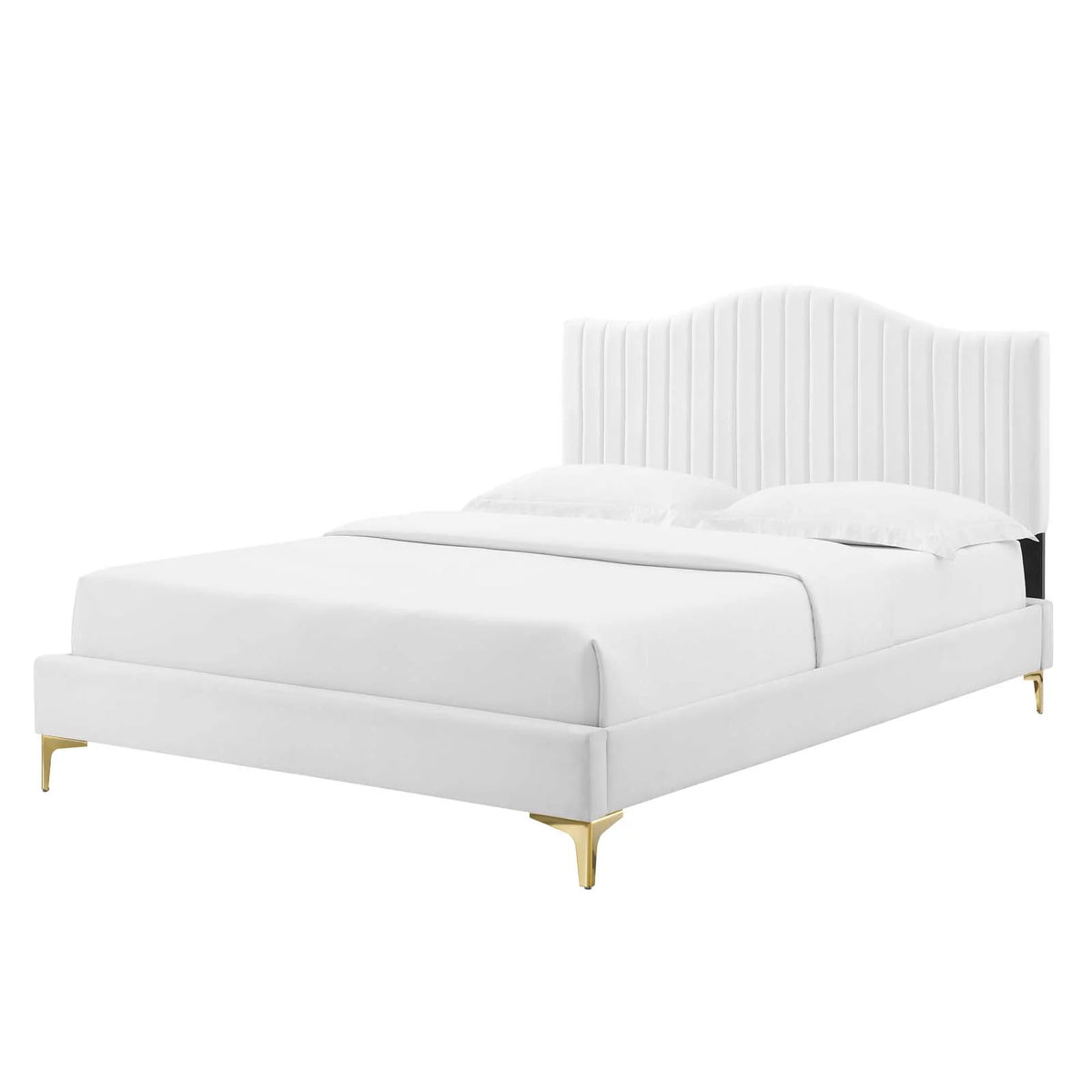 White Velvet Queen Size Tufted Platform Bed Frame S4784
