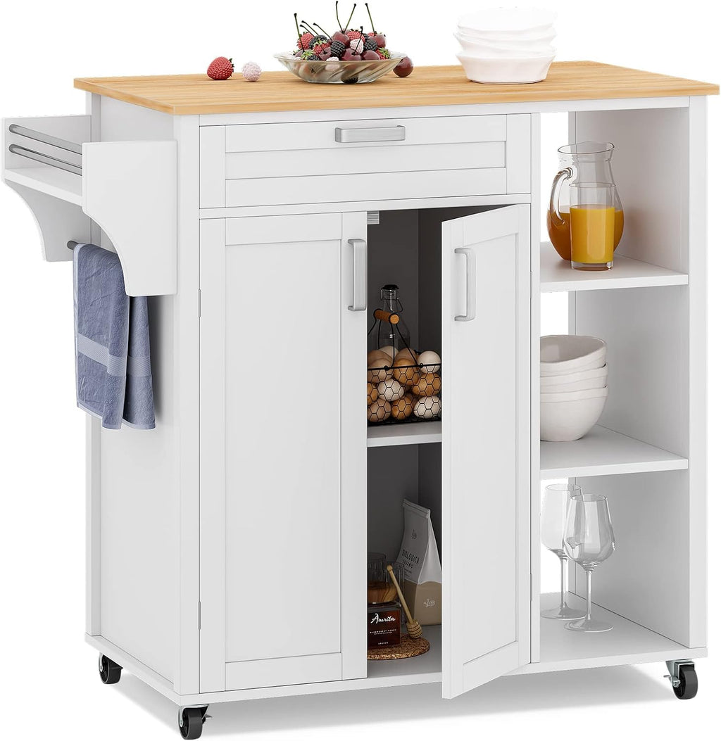 Black Rolling Kitchen Cart with Cabinet, Drawer, Two Doors, Wood Top P628343