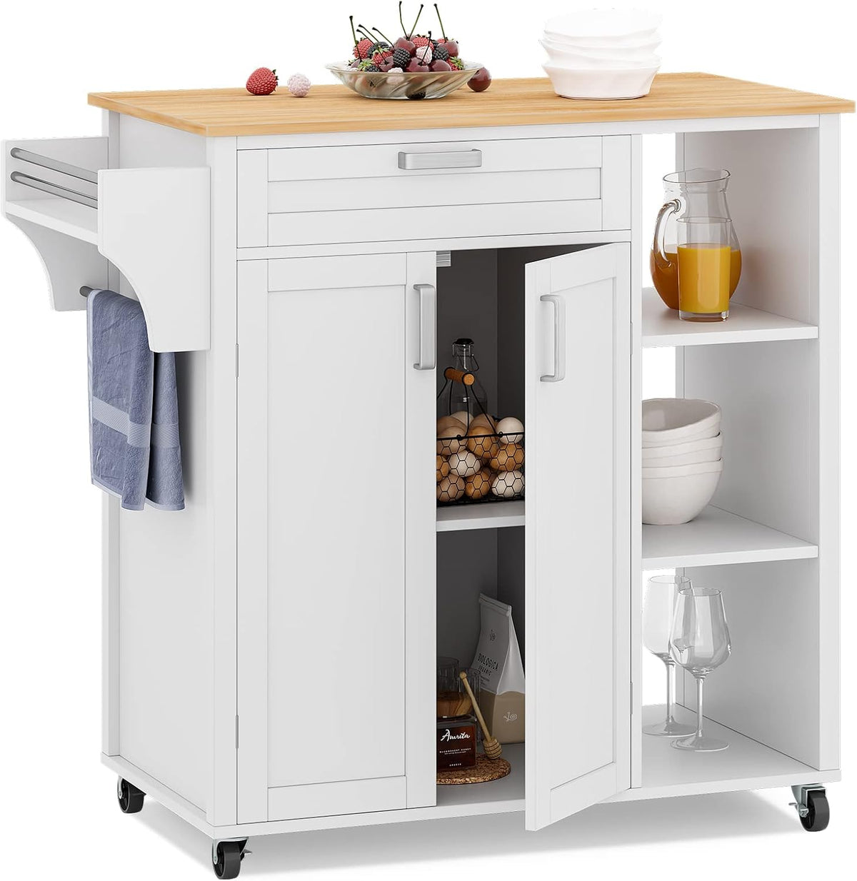 Black Rolling Kitchen Cart with Cabinet, Drawer, Two Doors, Wood Top P628343