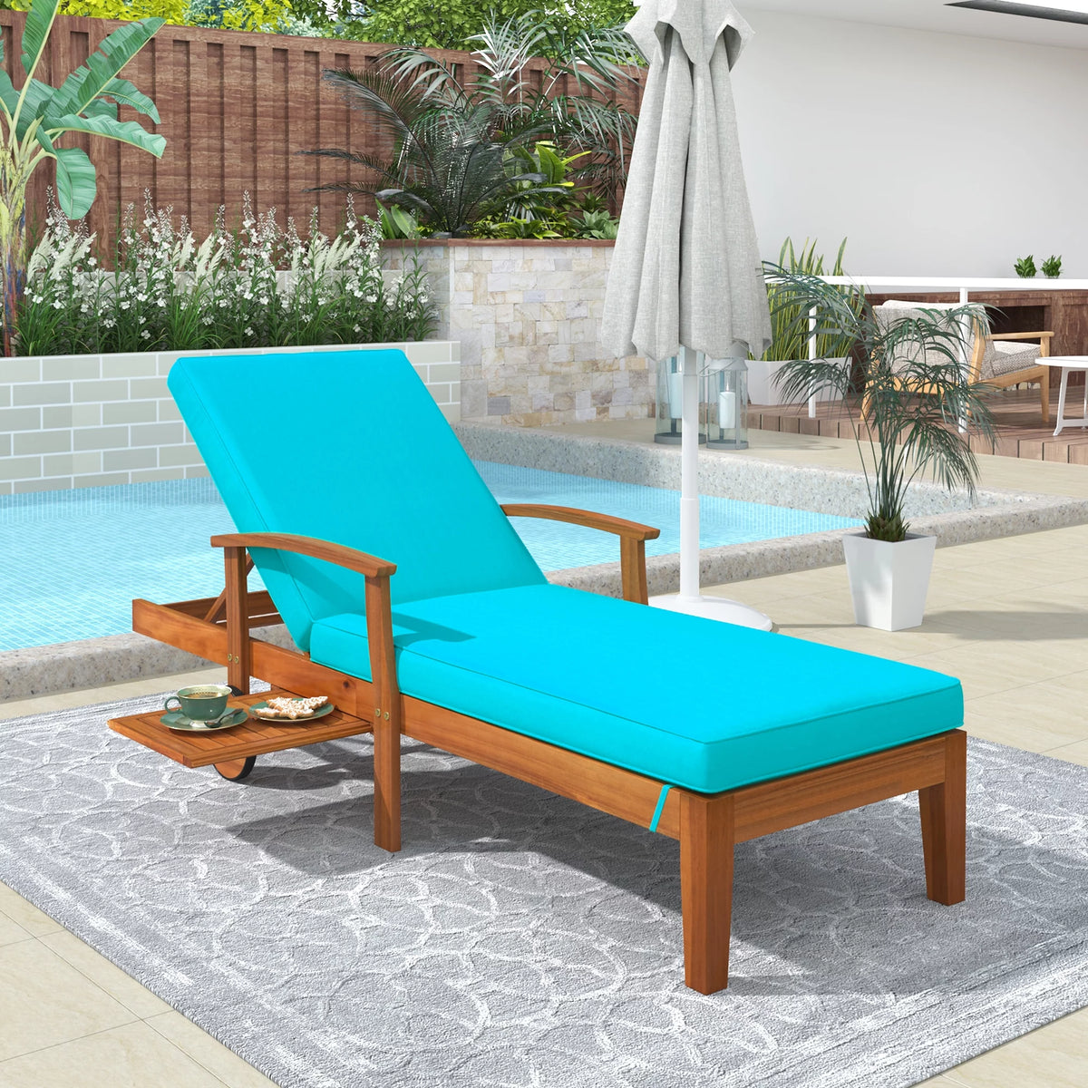 Solid Wood Chaise Lounge with Cushion, Wheels and Cup Table A60468