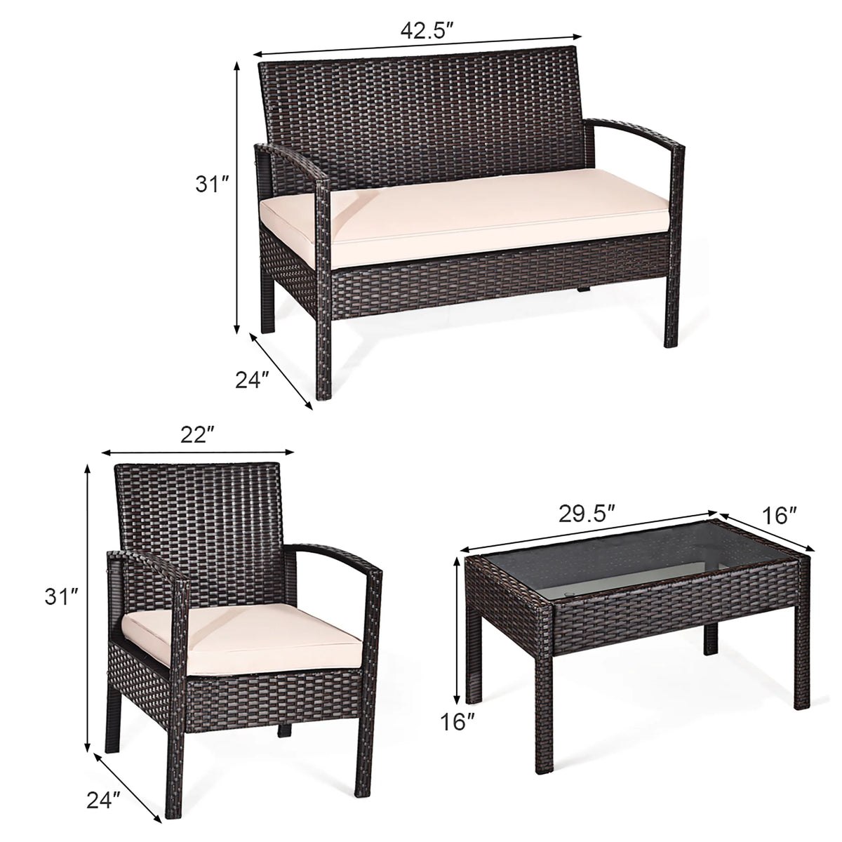 4 Pc Cushioned Patio Rattan Conversation Furniture Set Q8034
