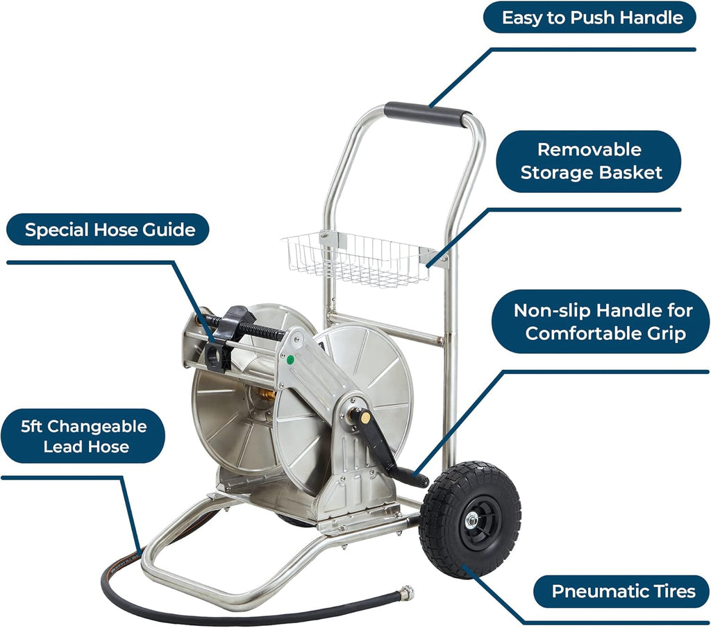 Stainless Steel Hose Reel Cart with Crank, 150-Feet 5/8 Hose Capacity G9537