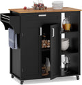 Black Rolling Kitchen Cart with Cabinet, Drawer, Two Doors, Wood Top P628343