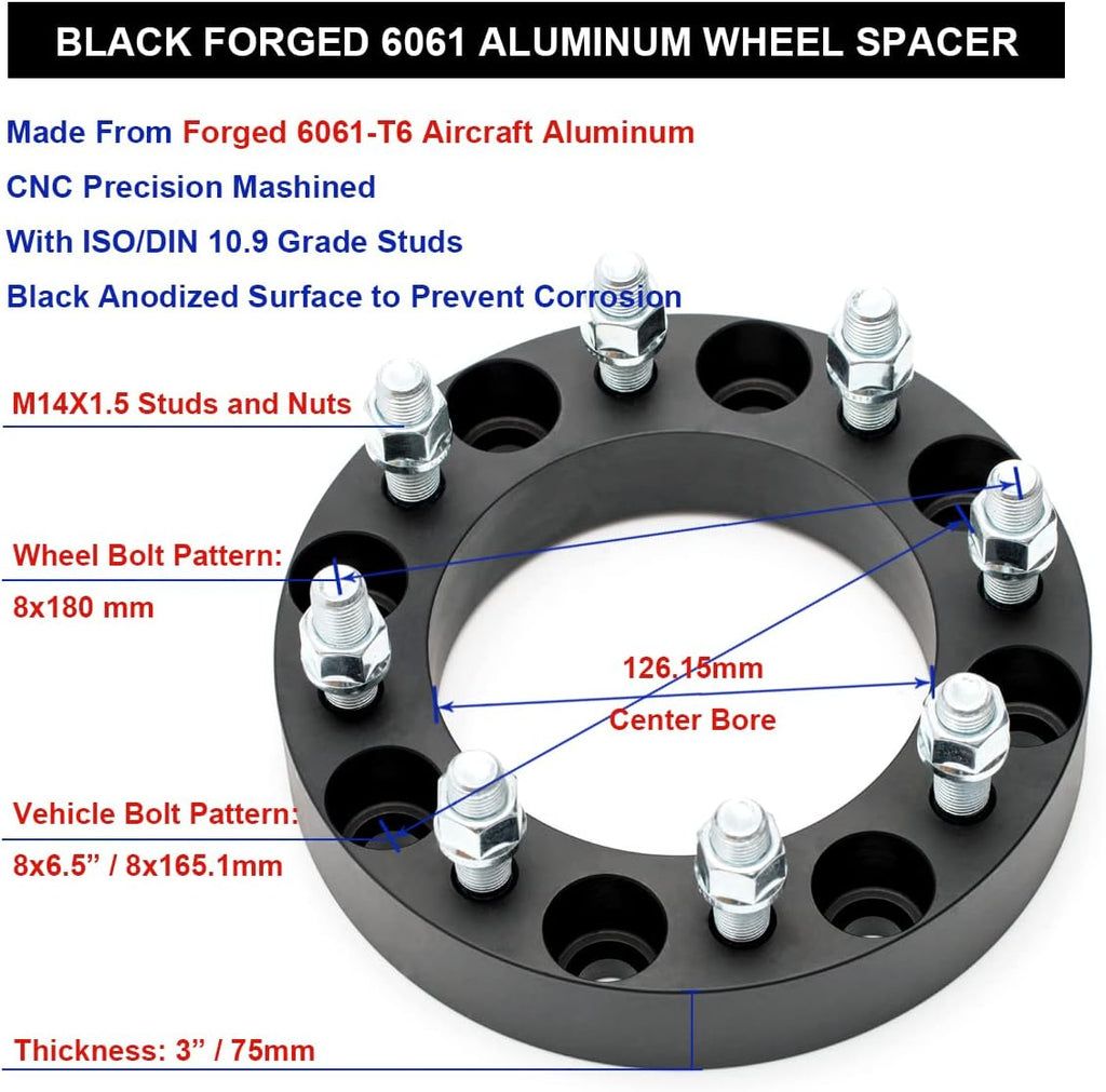 Black Forged 3 Inch Wheel Adapters 8x6.5 to 8x180 with 14x1.5 Studs, Pack of 2 Y9436