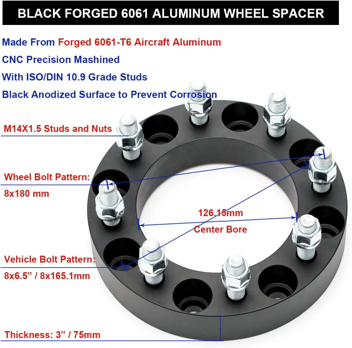 Black Forged 3 Inch Wheel Adapters 8x6.5 to 8x180 with 14x1.5 Studs, Pack of 2 Y9436